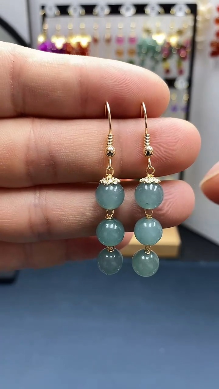 【闪购商品】翡翠耳饰银S925镀金镶嵌尺寸8mm连珠Q1