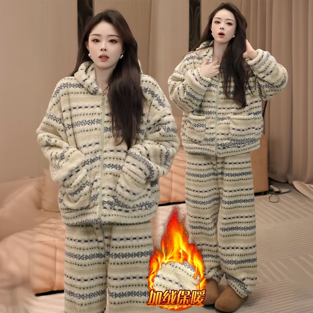 甜美蚂蚁绒睡衣连帽冬季新款加厚保暖家居服套装加绒保暖舒适