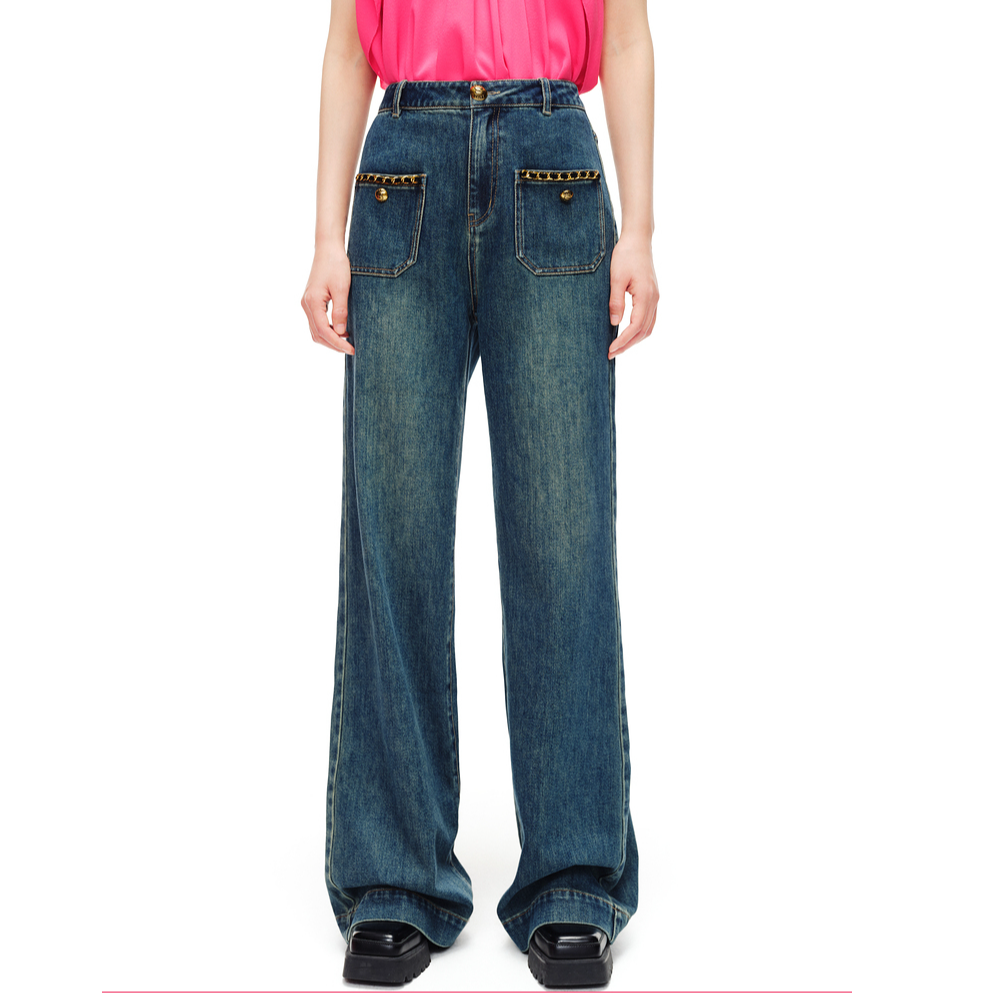 salt.p可颜直筒显瘦水洗宽松印花拼接蓝色牛仔裤AC34220180