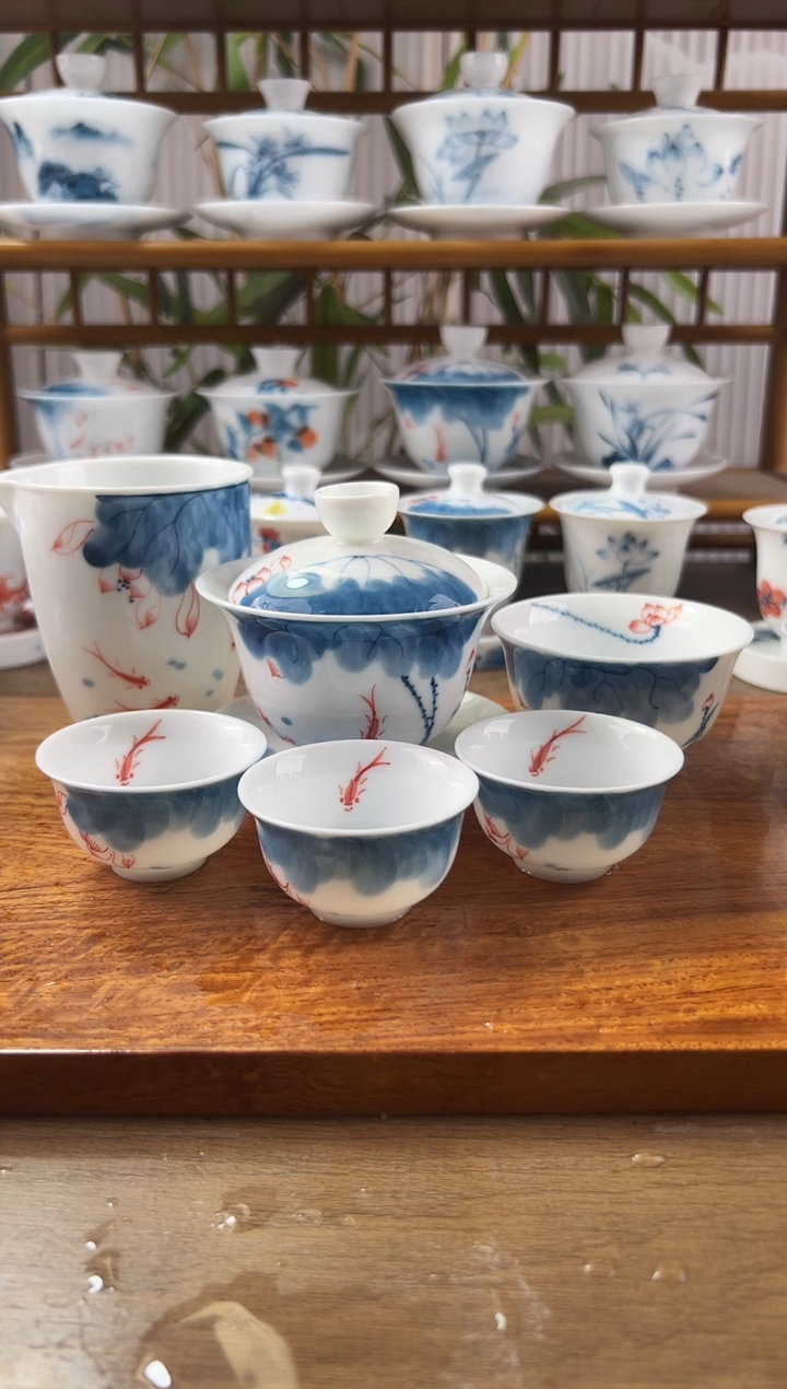 微瑕线条莲150ml三才盖碗+小和顺杯3+公道+主人君杯