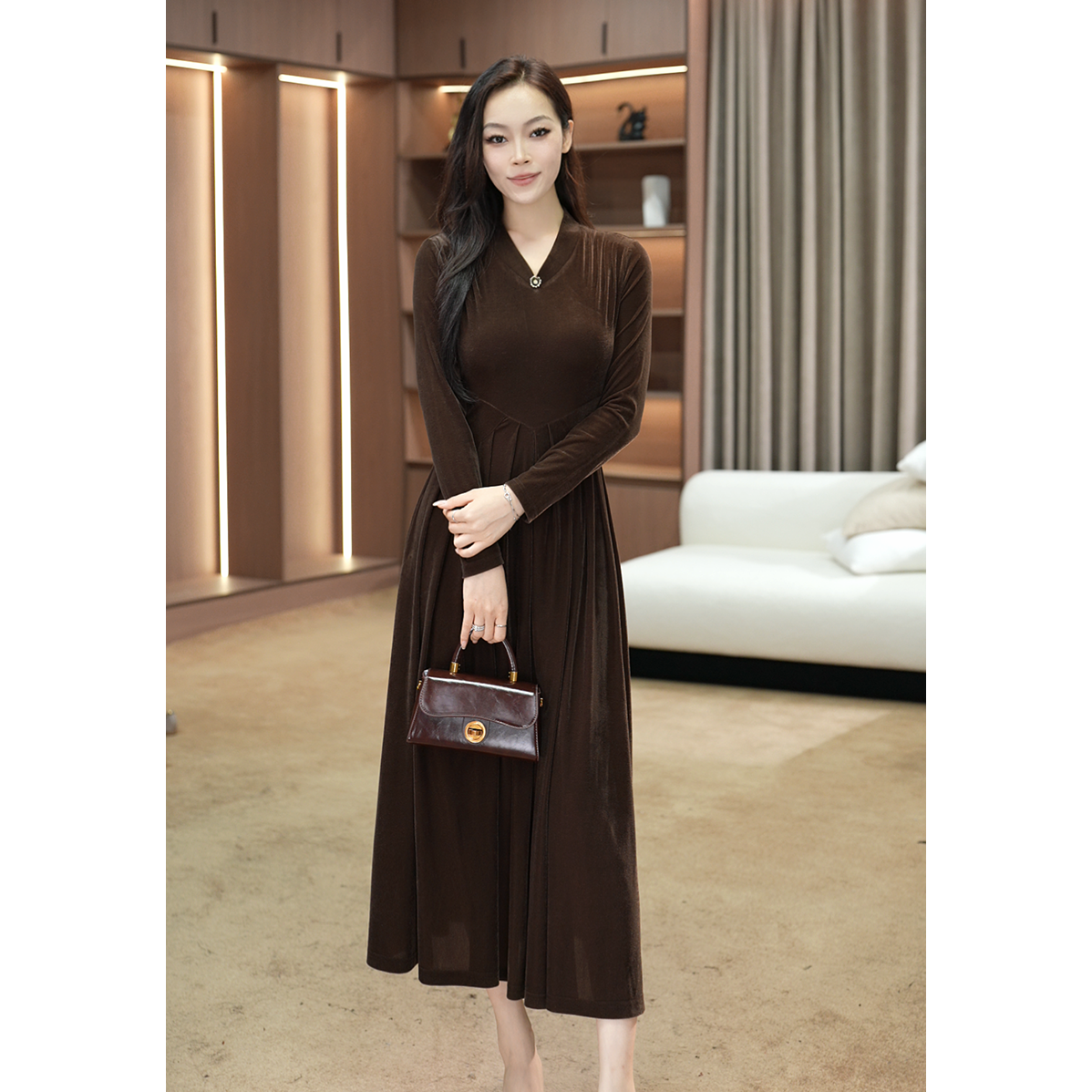 【咖色漫调】长裙V领中腰交叉领轻熟风连衣裙法式中长裙YST912005