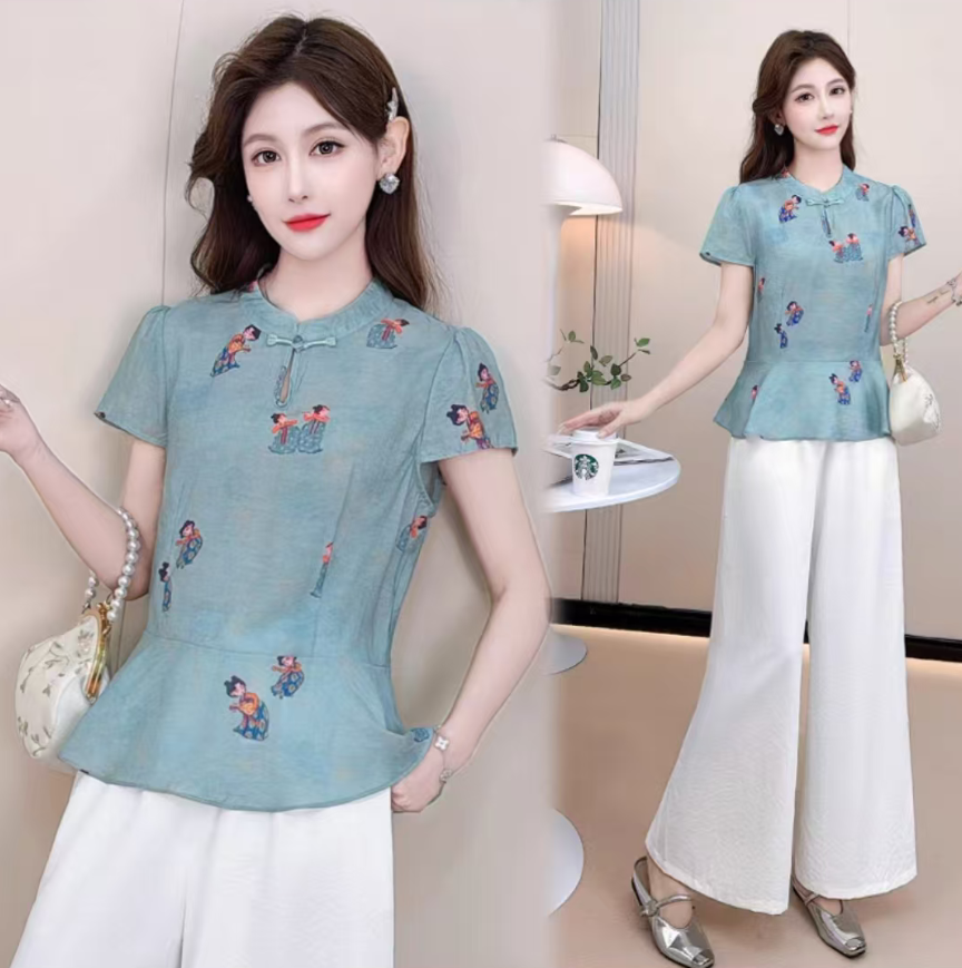 2025新款洋气质显瘦国风印花上衣高腰阔腿裤两件套2888【9】