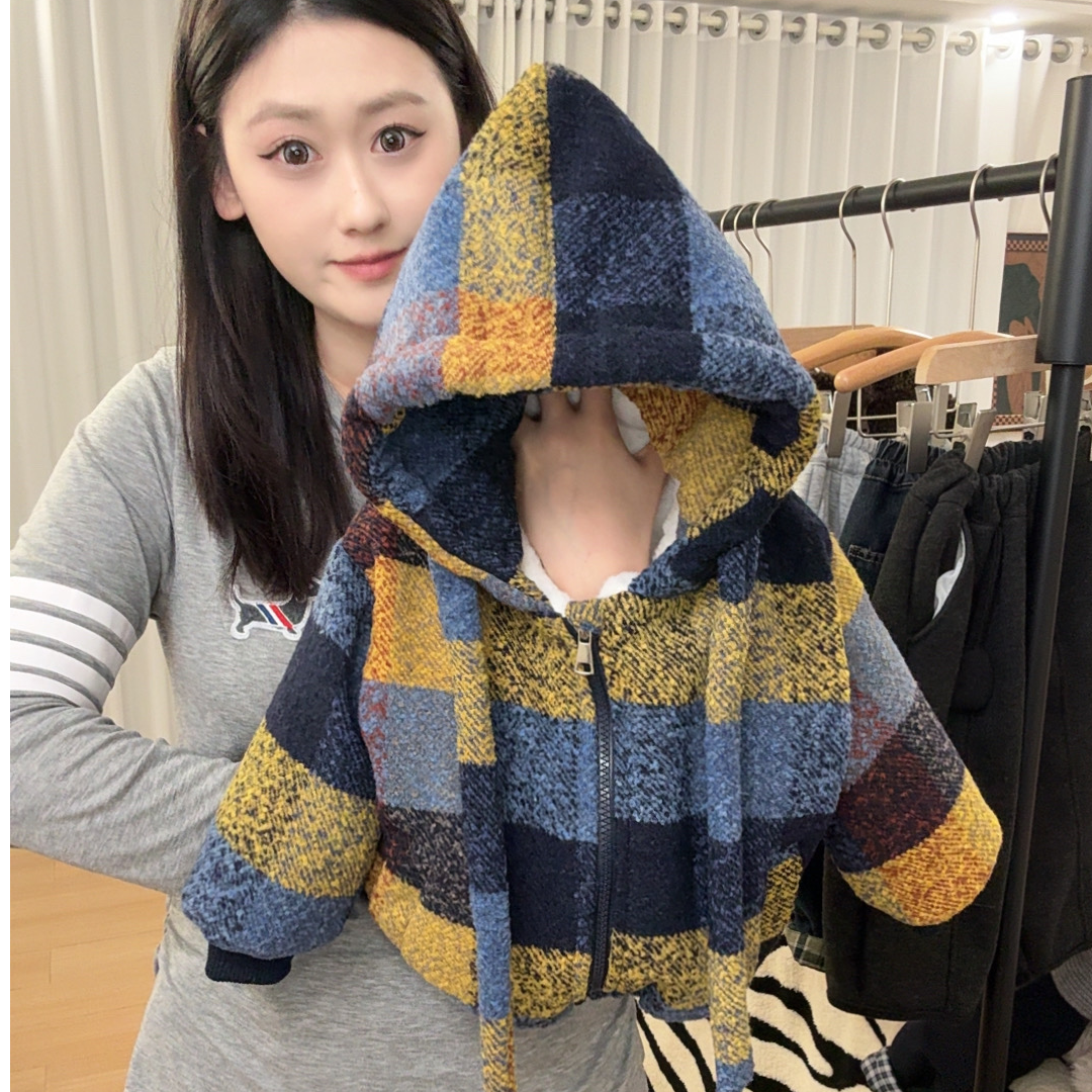 YT21加绒加厚款外套冬季休闲风男女童撞色亮色格子格纹保暖条纹