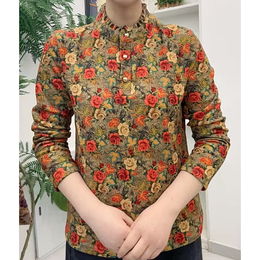 加厚一体绒冬季中老年女士过冬保暖过冬立领休闲打底衫大码小衫