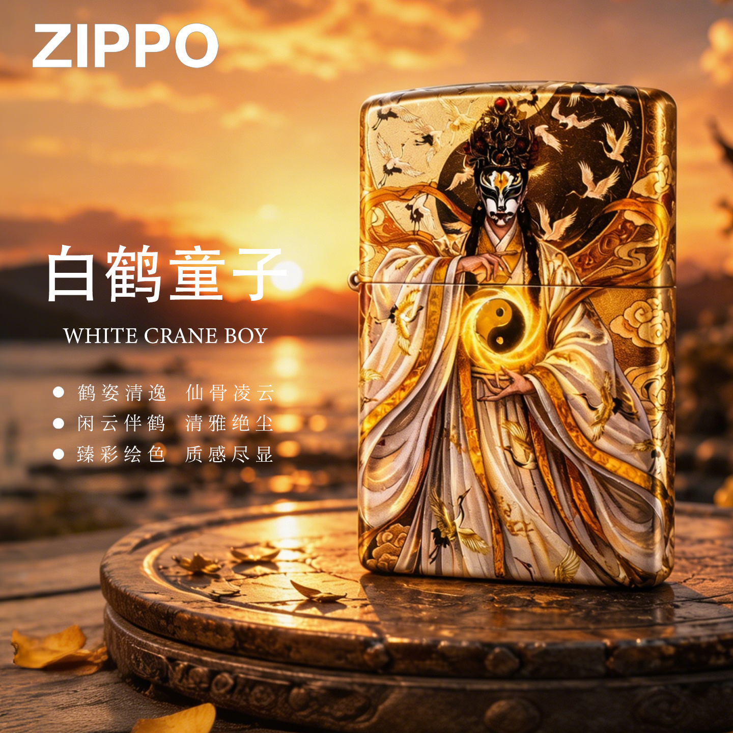 zippo打火机烫金【白鹤童子】官方正品男生走心实用礼物七夕节