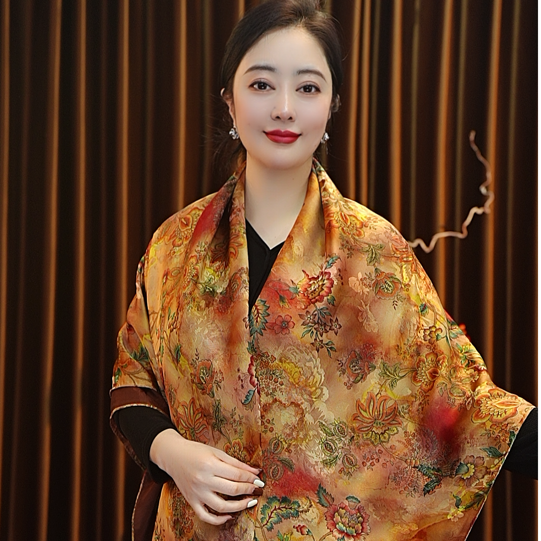 【岁岁合欢】135*135湖丝老料大方巾围巾女士丝巾双面戴四季款国风