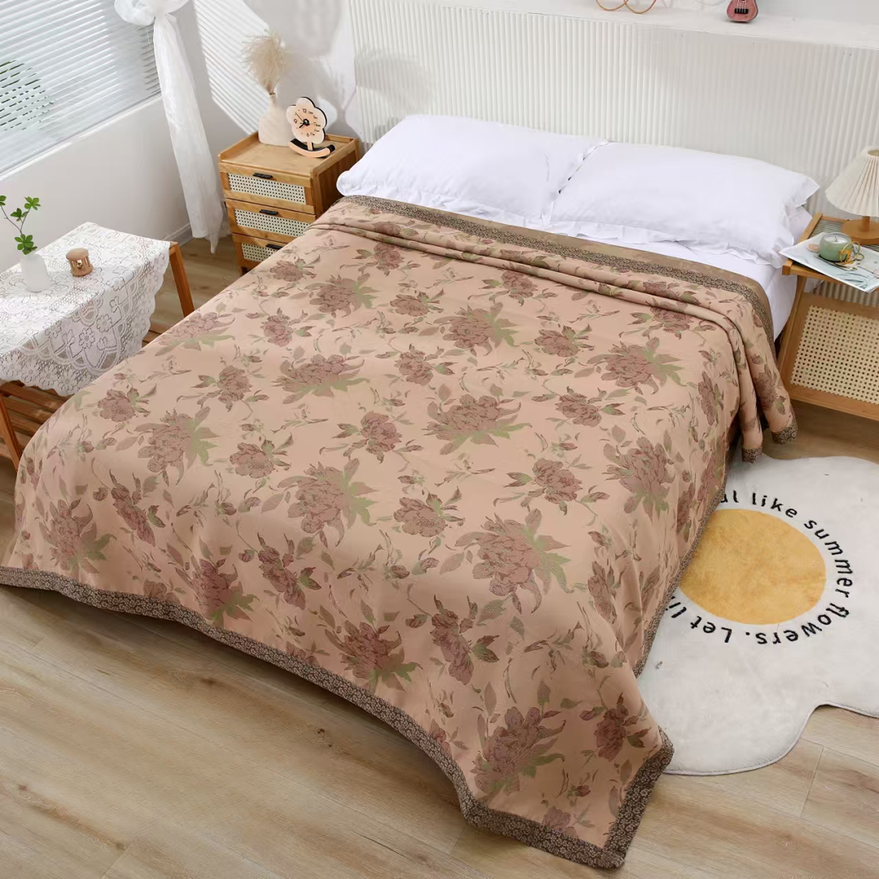 【绿意牡丹】230*250cm新品A类柔软亲肤透气舒适可机洗四季可用床盖