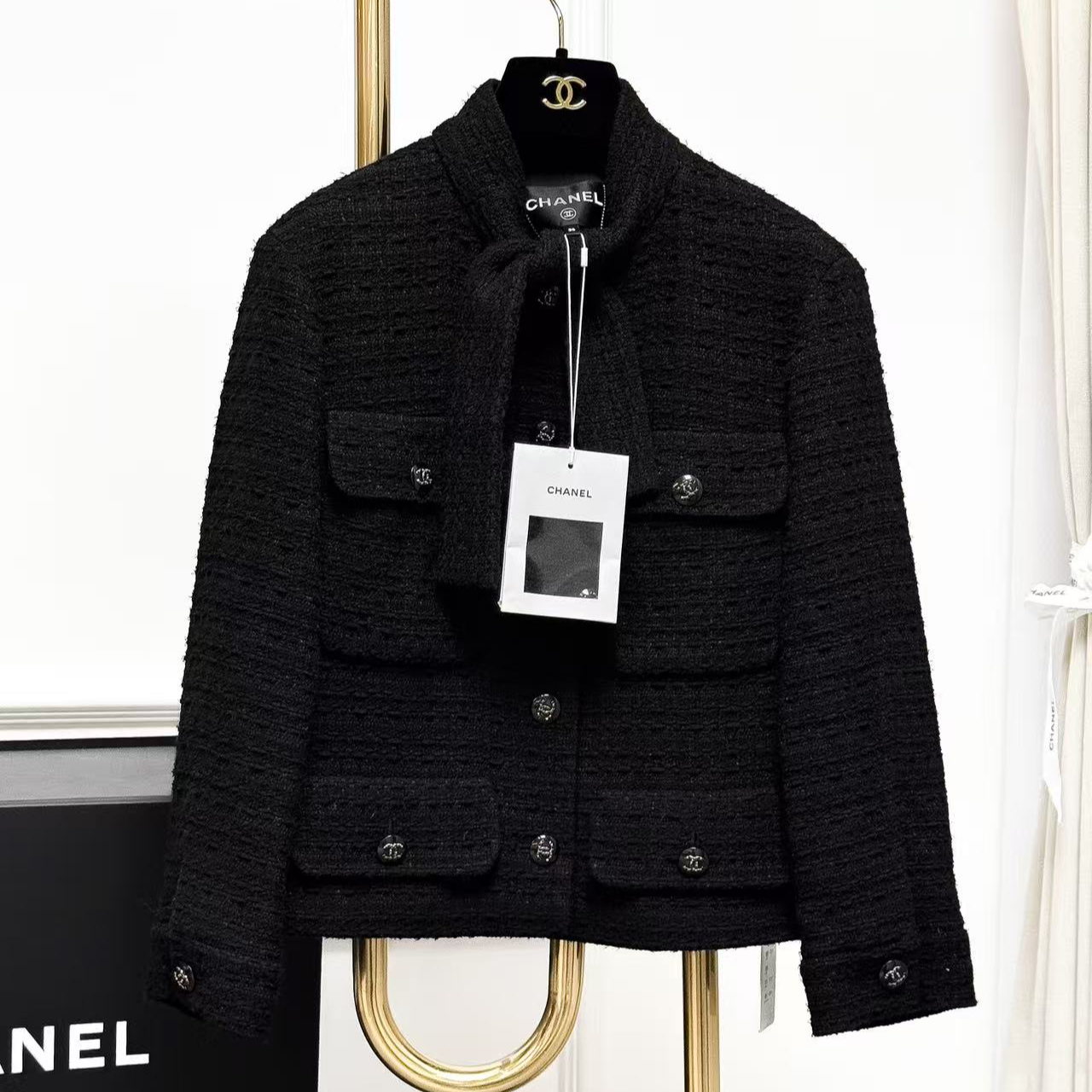 99新 Chanel/香奈儿 36码21C黑色飘带四口袋编织外套