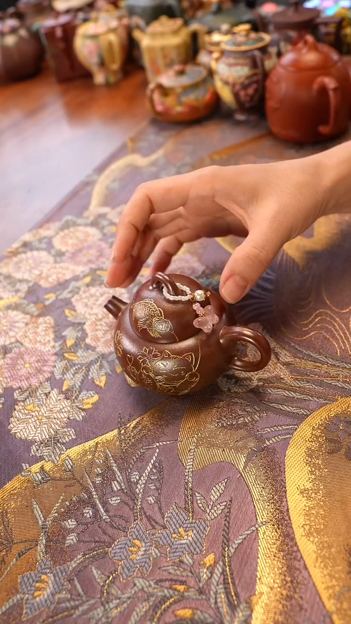 茶壶紫砂柴烧云柱 招财猫