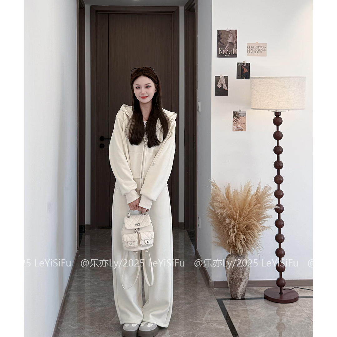 加绒加厚简约连帽卫衣卫裤套装设计感休闲百搭运动风秋冬