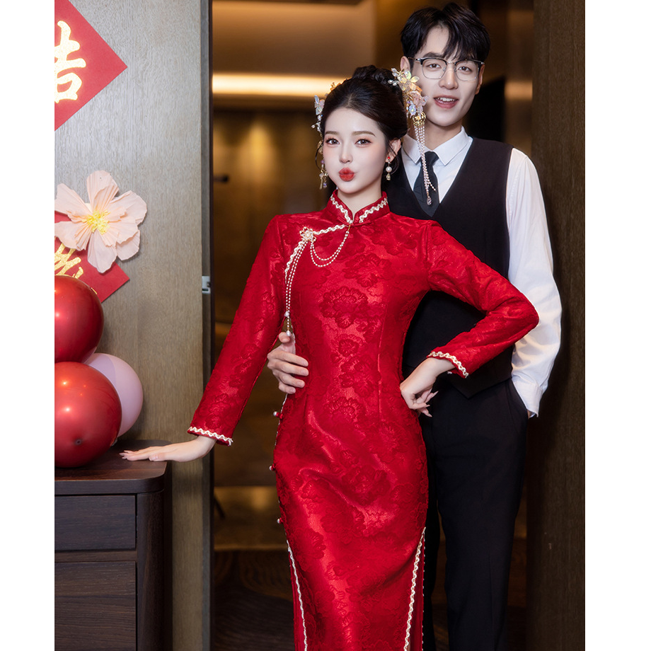 一见倾心|酒红色新中式结婚旗袍中国风订婚礼服中式新娘敬酒服