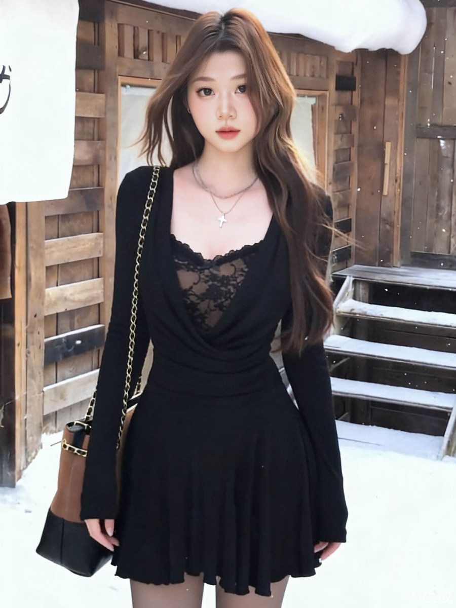 大码胖MM韩系黑色蕾丝拼接深v领长袖连衣裙秋冬新款高腰显瘦a字裙