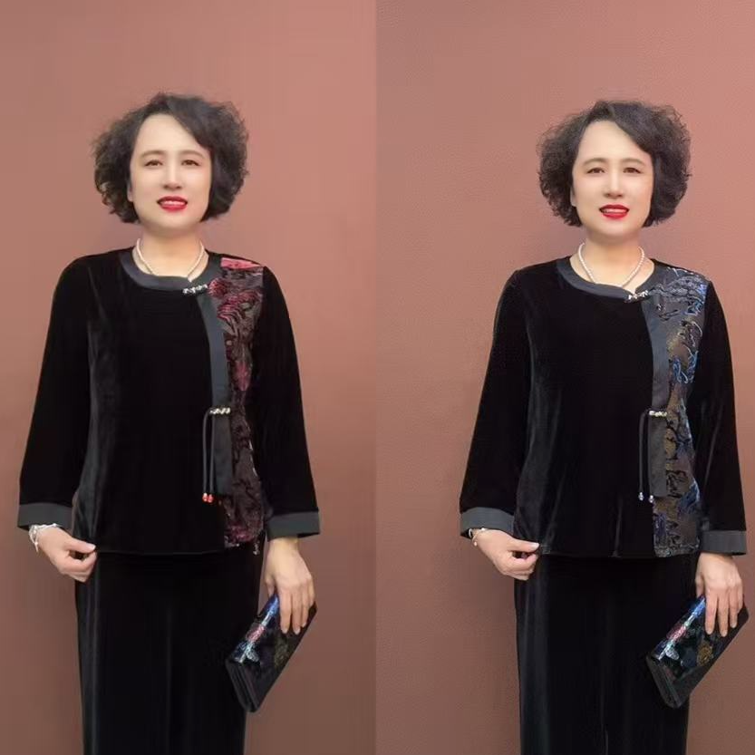 JR--8682圆领法式纽扣中老年女装长袖宽松小衫