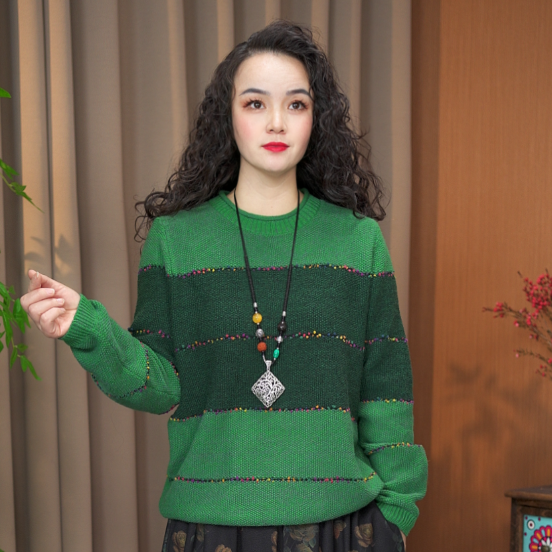 拼色格子厚款圆领针织女毛针织衫针织衫撞色百搭秋冬