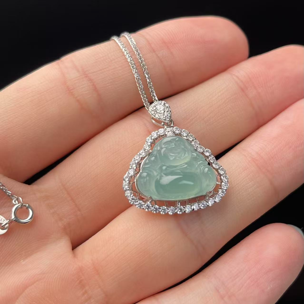 天然A货翡翠S925银镶蓝水佛公 含链