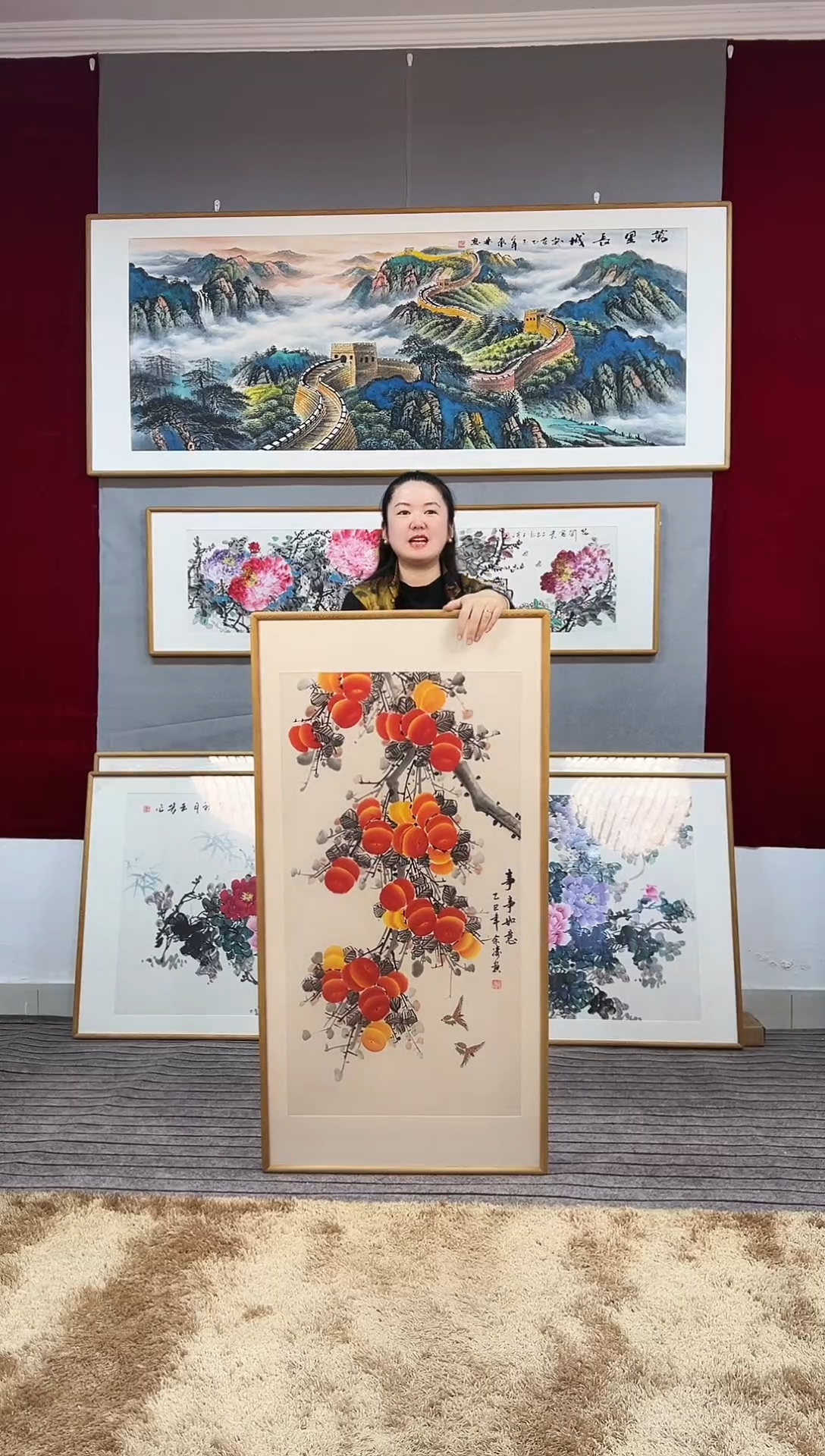 国画手绘柿子122*62尺寸竖幅