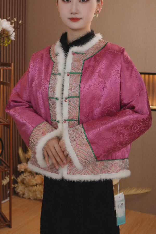 （名锦江山）双面双穿毛领新中式冬款毛领重工外套2024D6333雨情