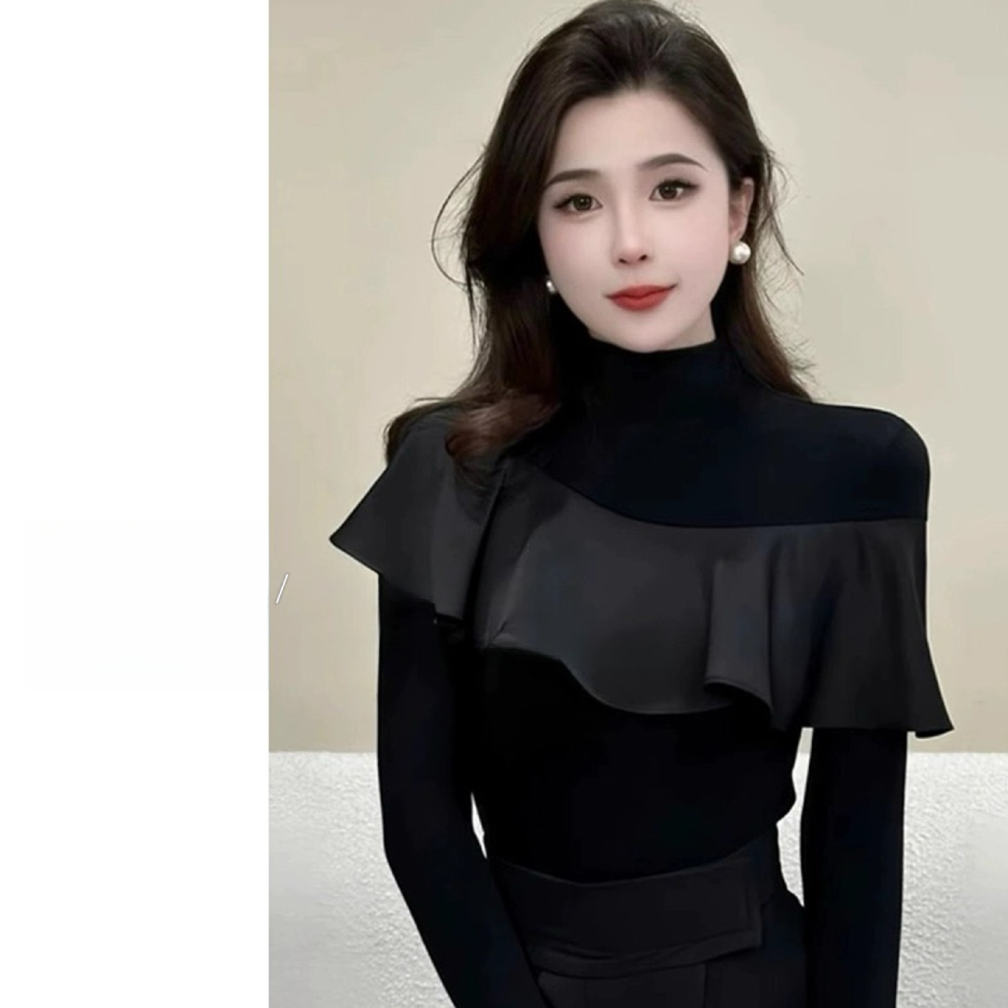 （加绒）秋冬设计感荷叶边半高领长袖t恤女修身显瘦别致独特上衣