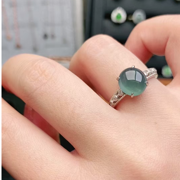 鑫辰珠宝天然A货翡翠银镶嵌设计款开口女戒指时尚百搭