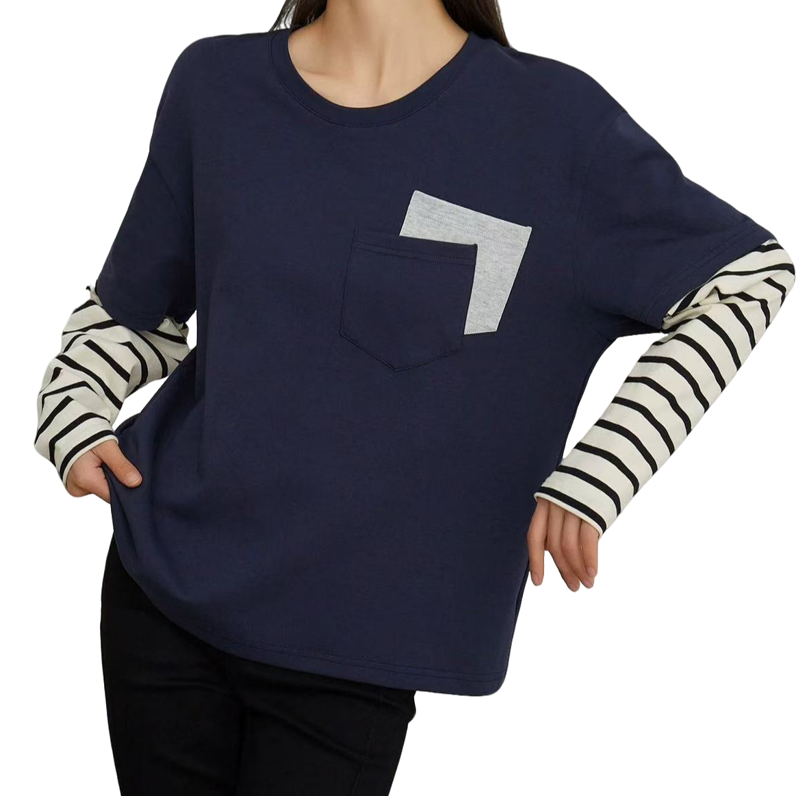 拼接条纹圆领韩版撞色时尚长袖T恤