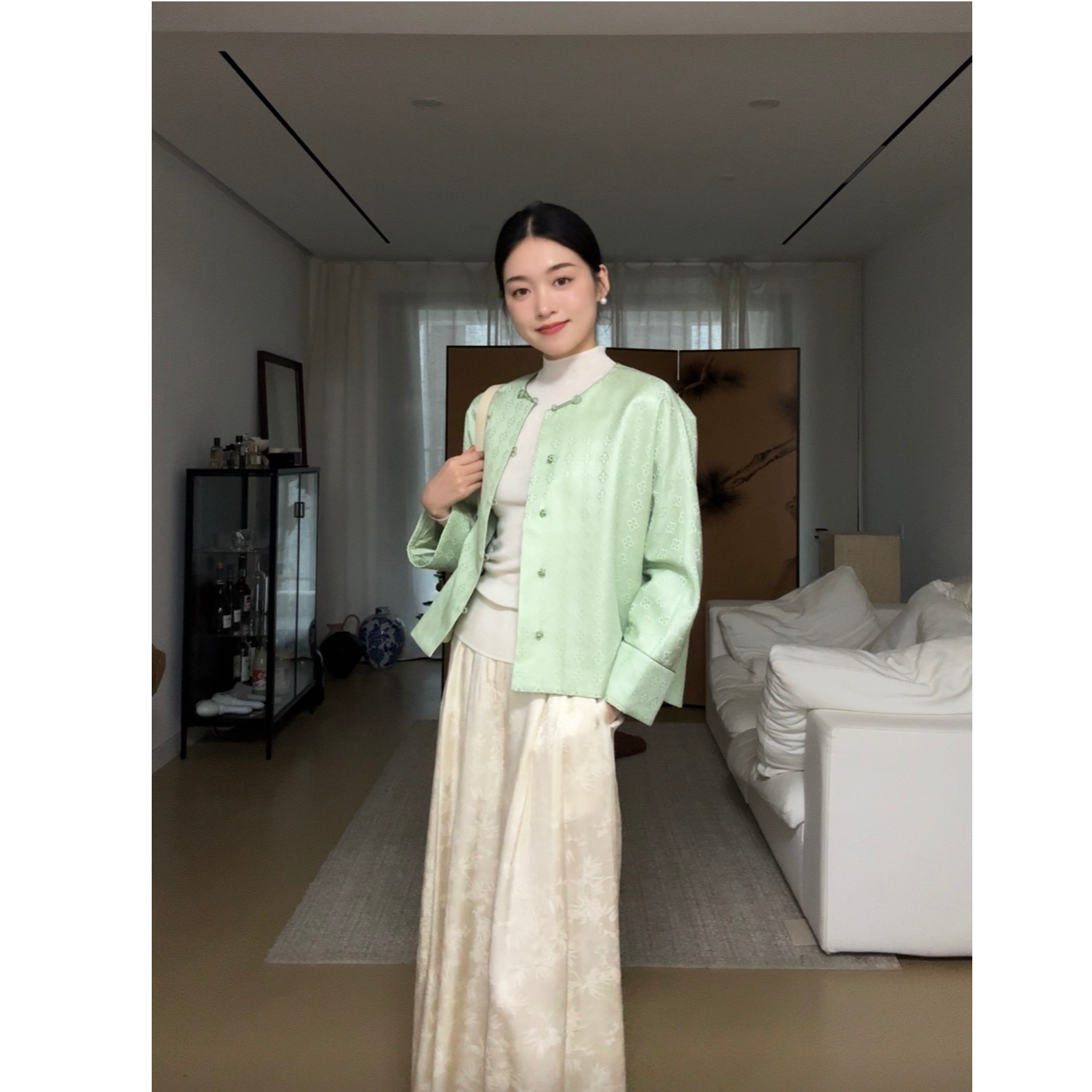 勾丝-【春山茶】良辰媄锦桑蚕丝圆领对襟新中式国风外套衣长约60CM