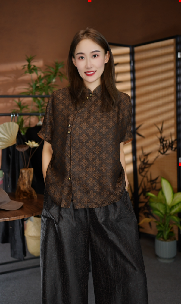 【苗蔓纱语】咖色四经绞萝上衣桑蚕丝香云纱