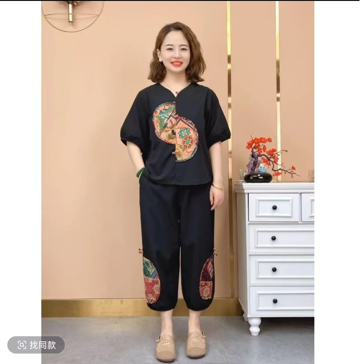 595-九分裤时尚大码裤子提花口袋中老年女装宽松休闲盘扣短款