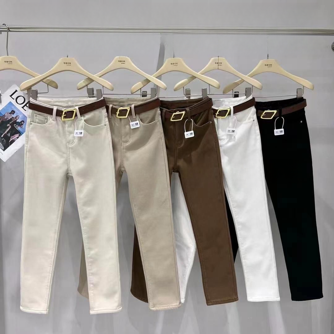 高腰弹力直筒牛仔裤女2025冬季加绒修身百搭法棍爆款九分烟管裤子
