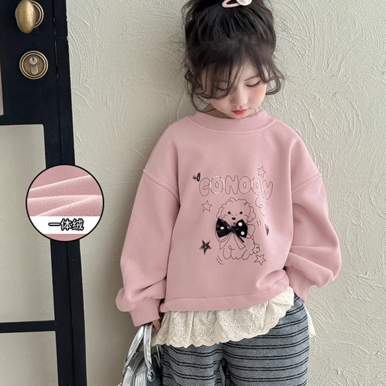 女童卫衣2025秋冬新款加绒加厚洋气儿童冬装一体绒超好看花边上衣