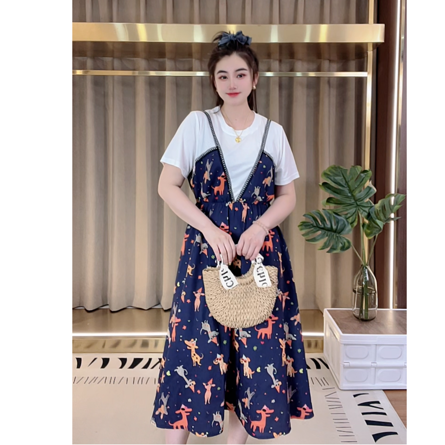 夏季法式印花休闲风碎花连衣裙背带裙裙子纯欲风国风假两件