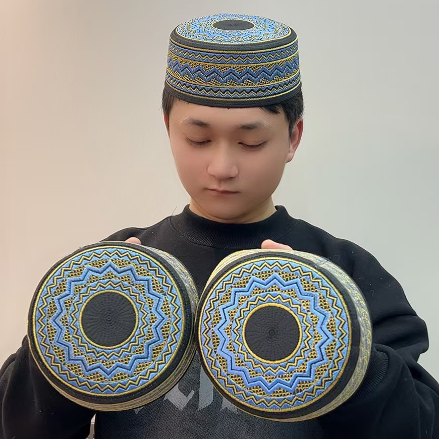 少数民族硬壳男士精品回族民族帽子新款礼拜绣花高档平顶厘米刺绣