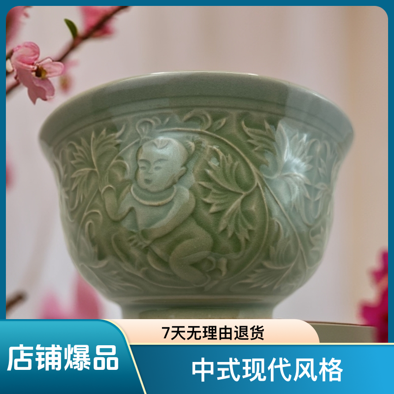 耀州瓷青瓷刻花缠枝婴戏碗14com口径家用精修雕刻陶瓷缠枝中式