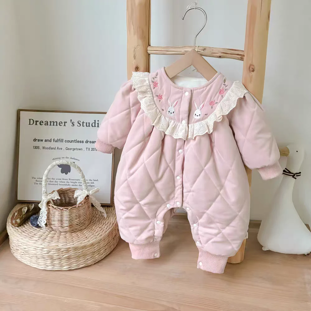 婴幼儿连身衣加绒夹棉女宝保暖连体哈衣小兔花边领爬爬服