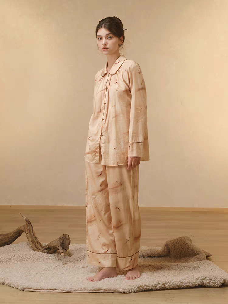 朵朵可可专柜款贡缎纯棉印花睡衣女士2024秋冬翻领开衫家居服套装