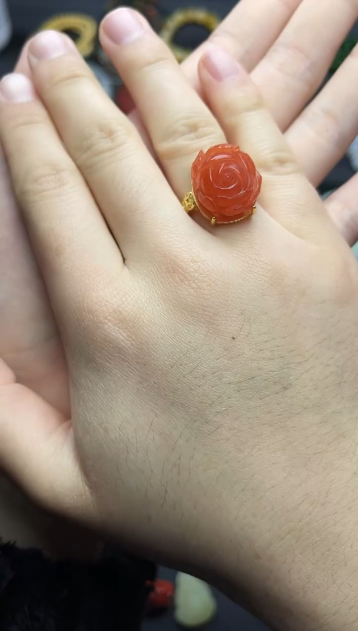 银S925镶嵌戒指南红玛瑙牡丹花戒指06