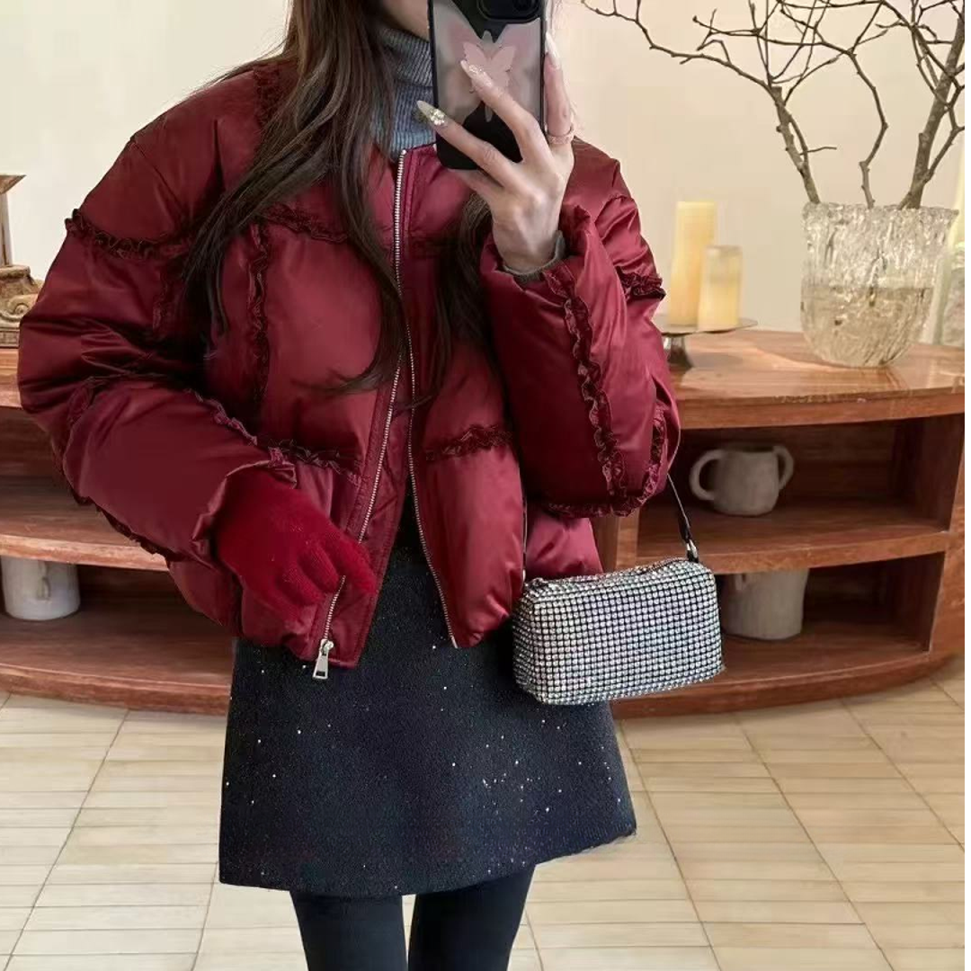 韩版时尚设计感减龄花边拼接拉链宽松羽绒服