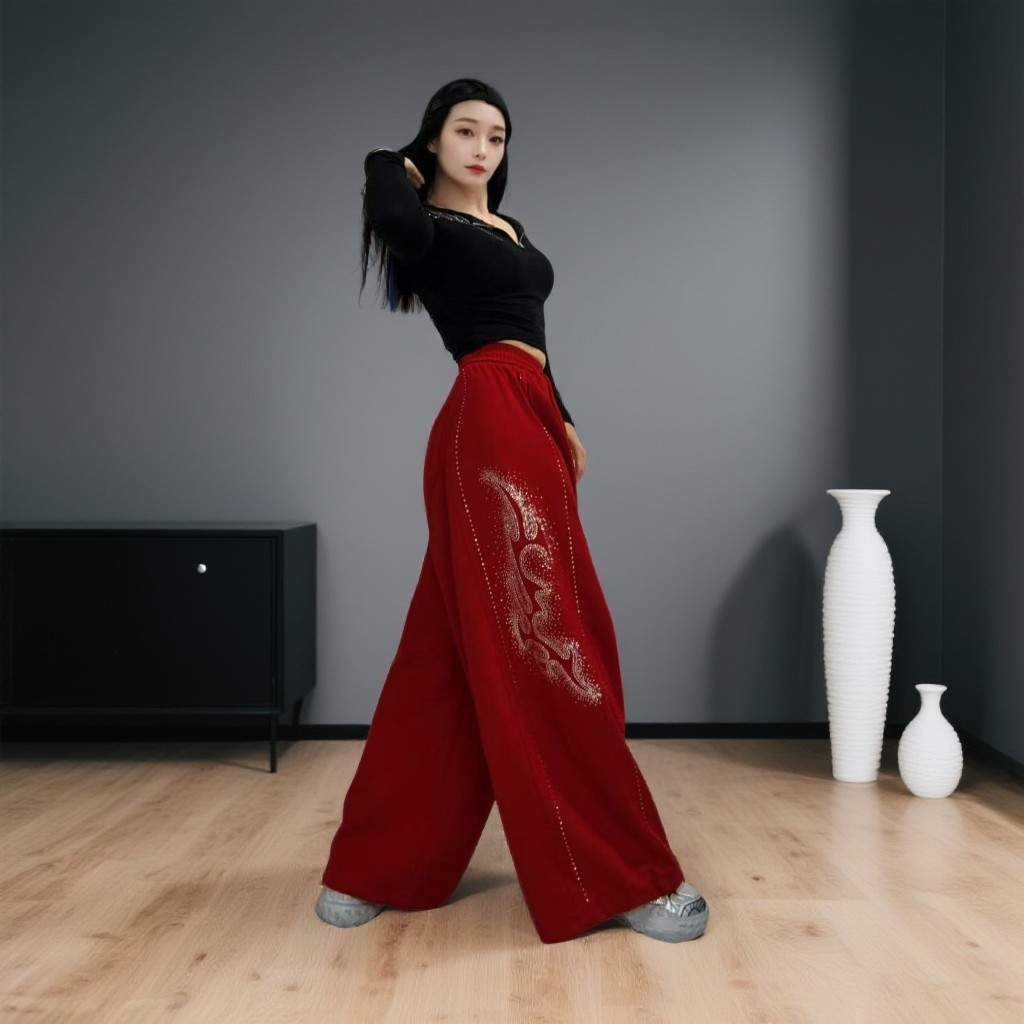 爆款广场舞街舞潮牌镭射火焰烫钻嘻哈休闲款长裤宽松气质显瘦百搭