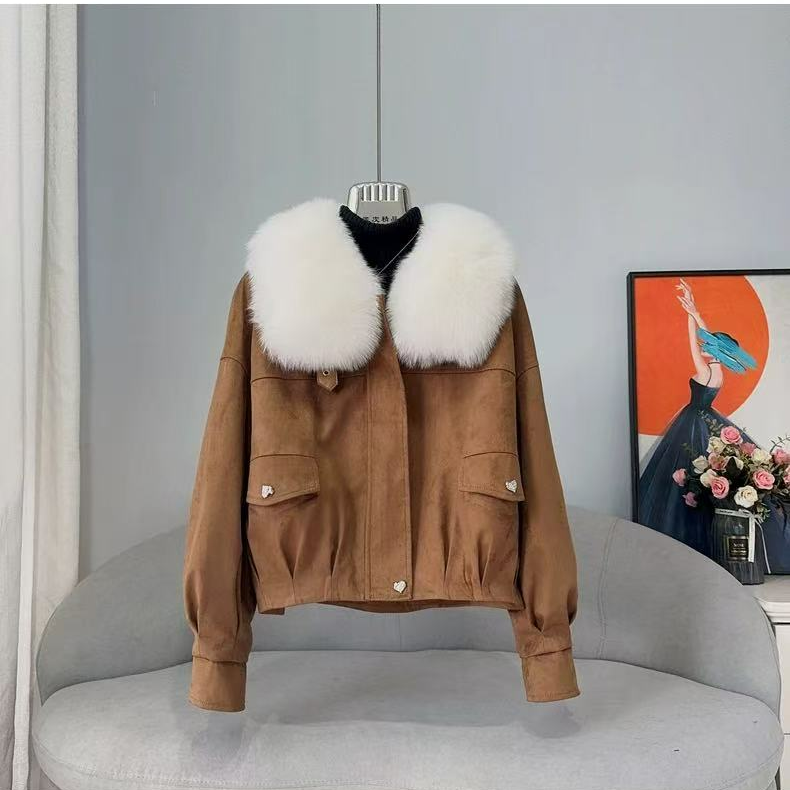 2025冬季新款咖色复古毛领短外套女韩系氛围感保暖夹克外套#5940