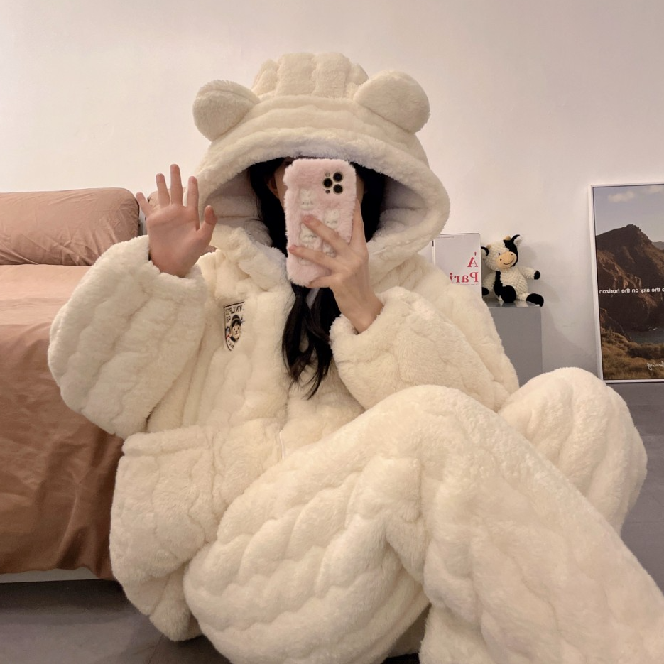 奥美诗嘉睡衣女三层夹棉秋冬季2025新款珊瑚绒加厚加绒家居服套装