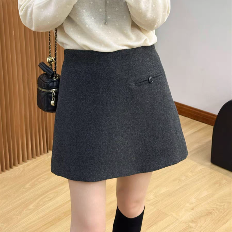 一粒扣毛呢半身裙女2025秋冬新款高腰显瘦防走光A字半身裙靴裙