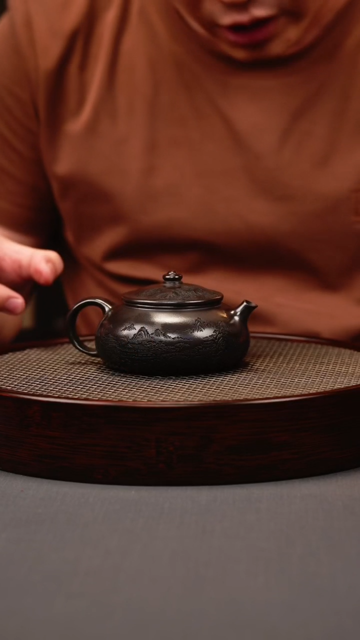 茶壶紫砂石黄 寒江 刻绘