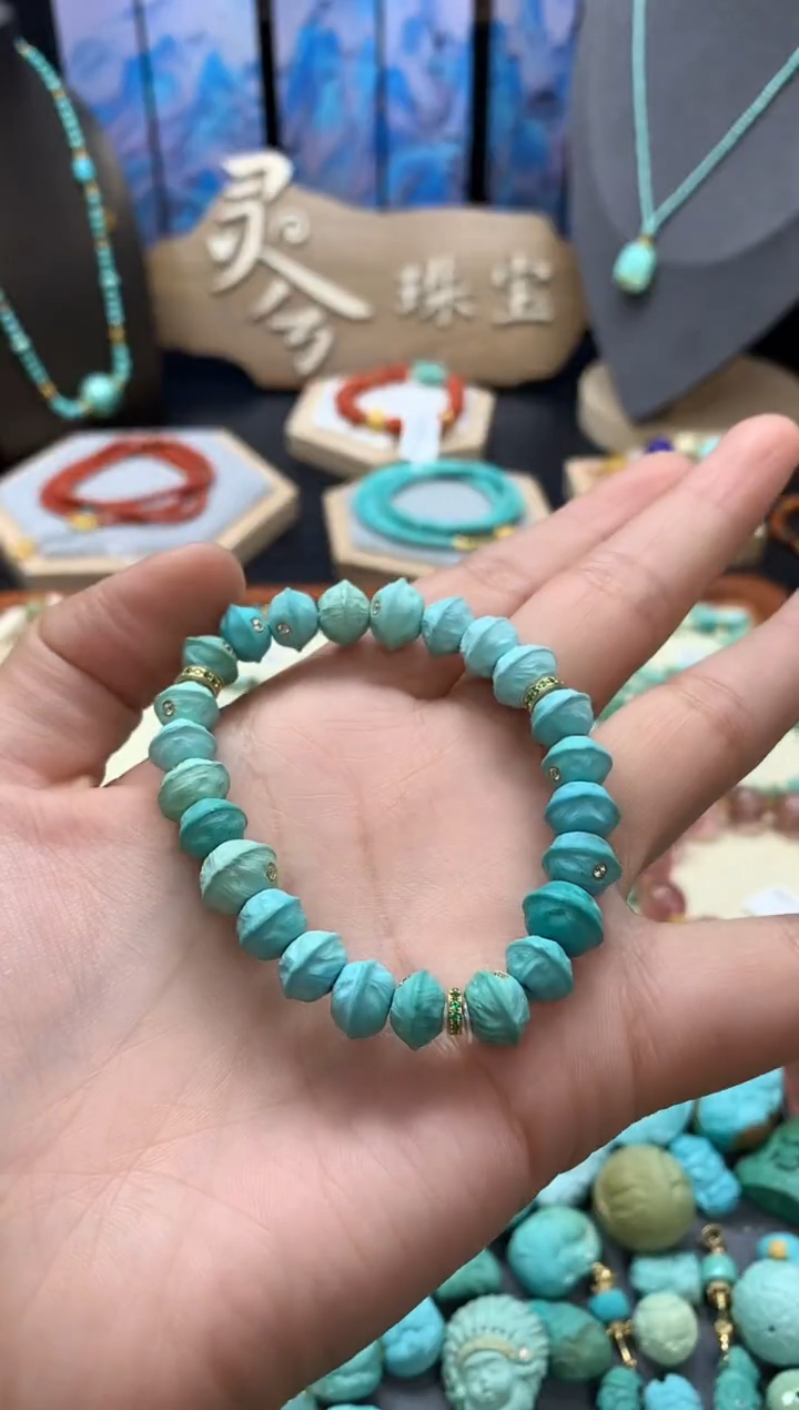 【闪购商品】绿松石手链18K金镶嵌18K金精工绿松石百香籽单圈手链