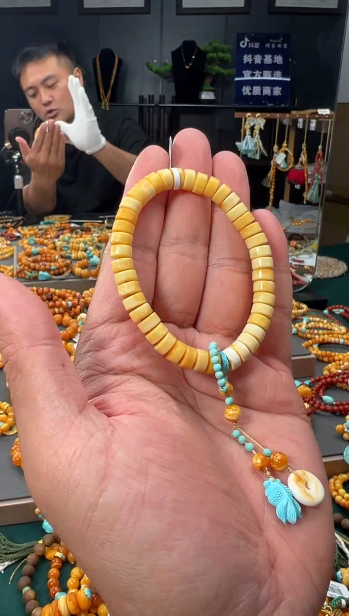 未镶嵌琥珀裸石精工瓷白妖花药片手串-S8