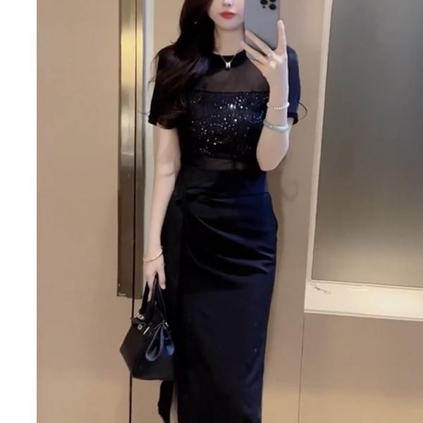 新款网纱高级感短袖气质开叉时尚修身衣服935