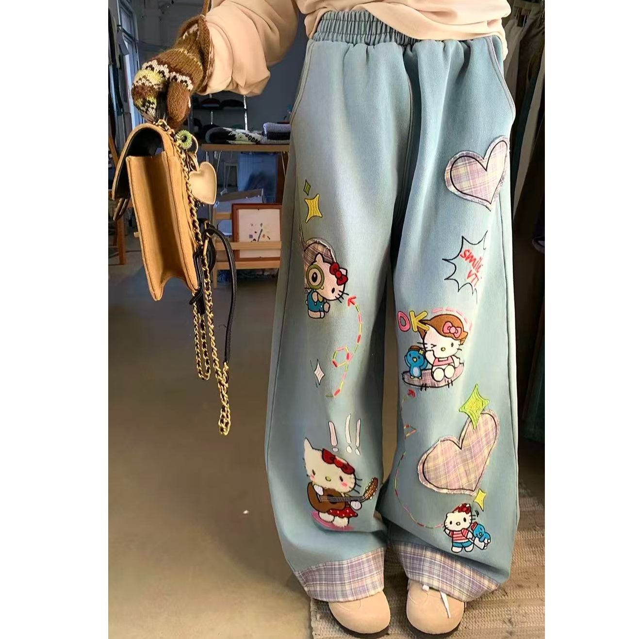 美式复古高腰弹力紫色爱心贴布kitty牛仔裤女秋冬新款休闲宽松裤