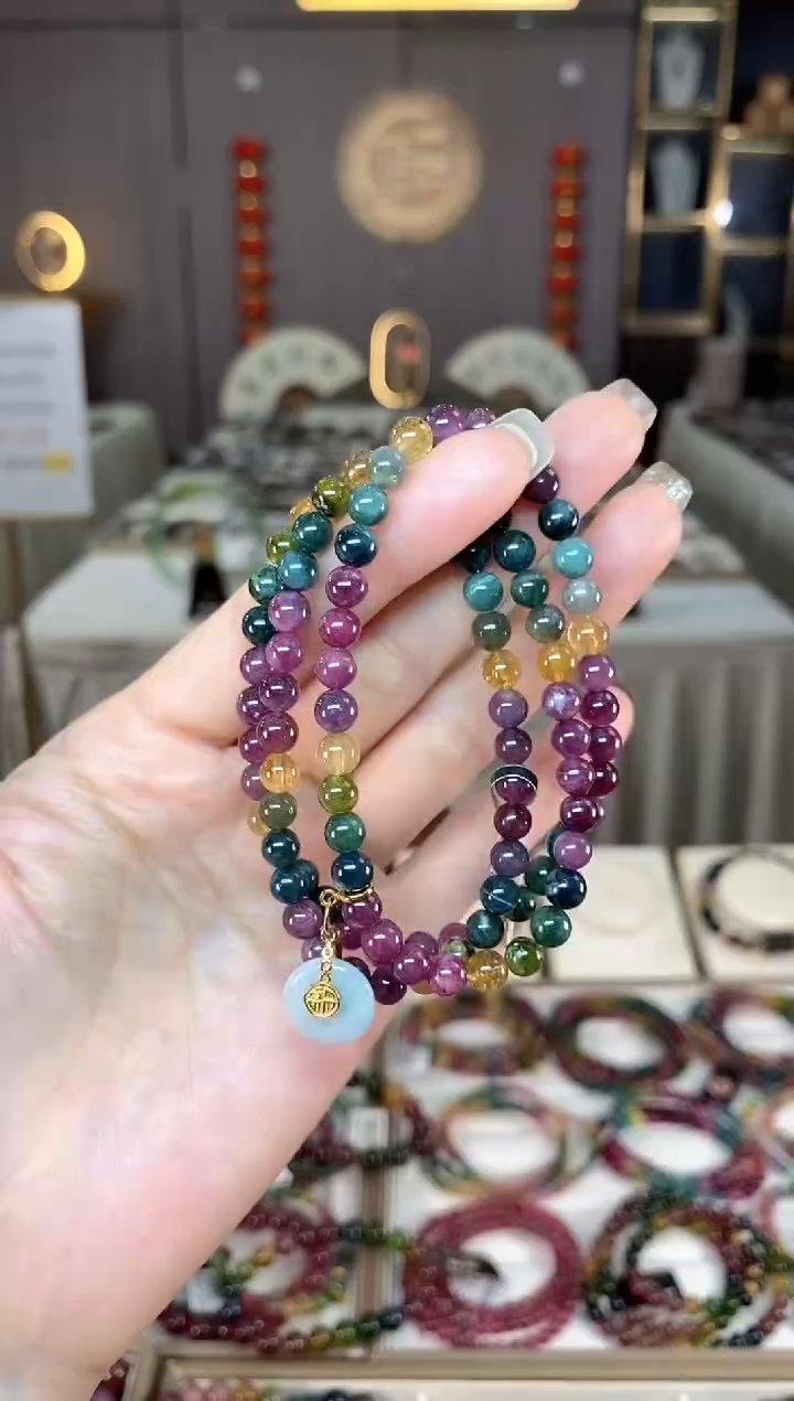 未镶嵌老矿碧玺色标彩虹三圈手串5mm+碧玺dan多样性发货一条