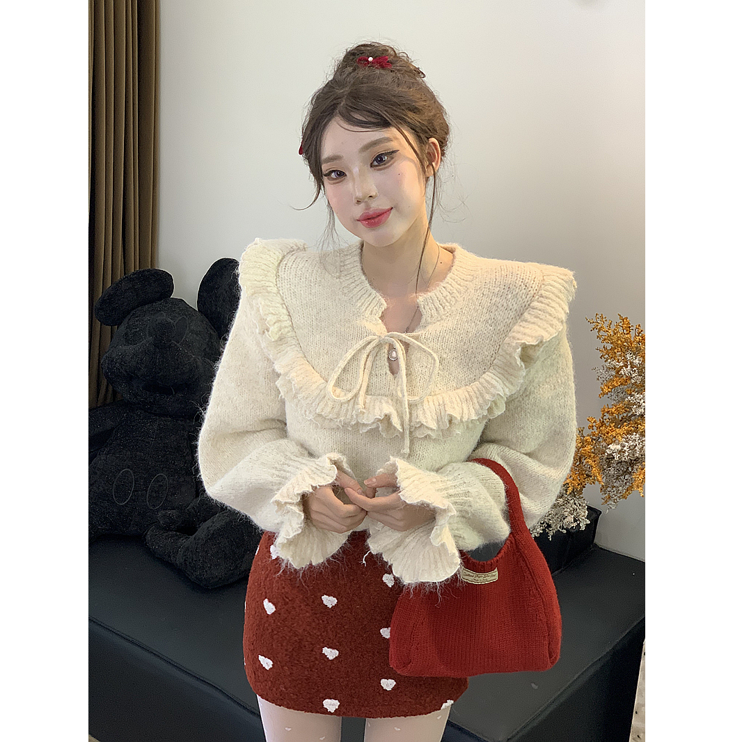 【少女时期】原单爱心呢子裙 双城荷叶领系带微喇袖针织上衣
