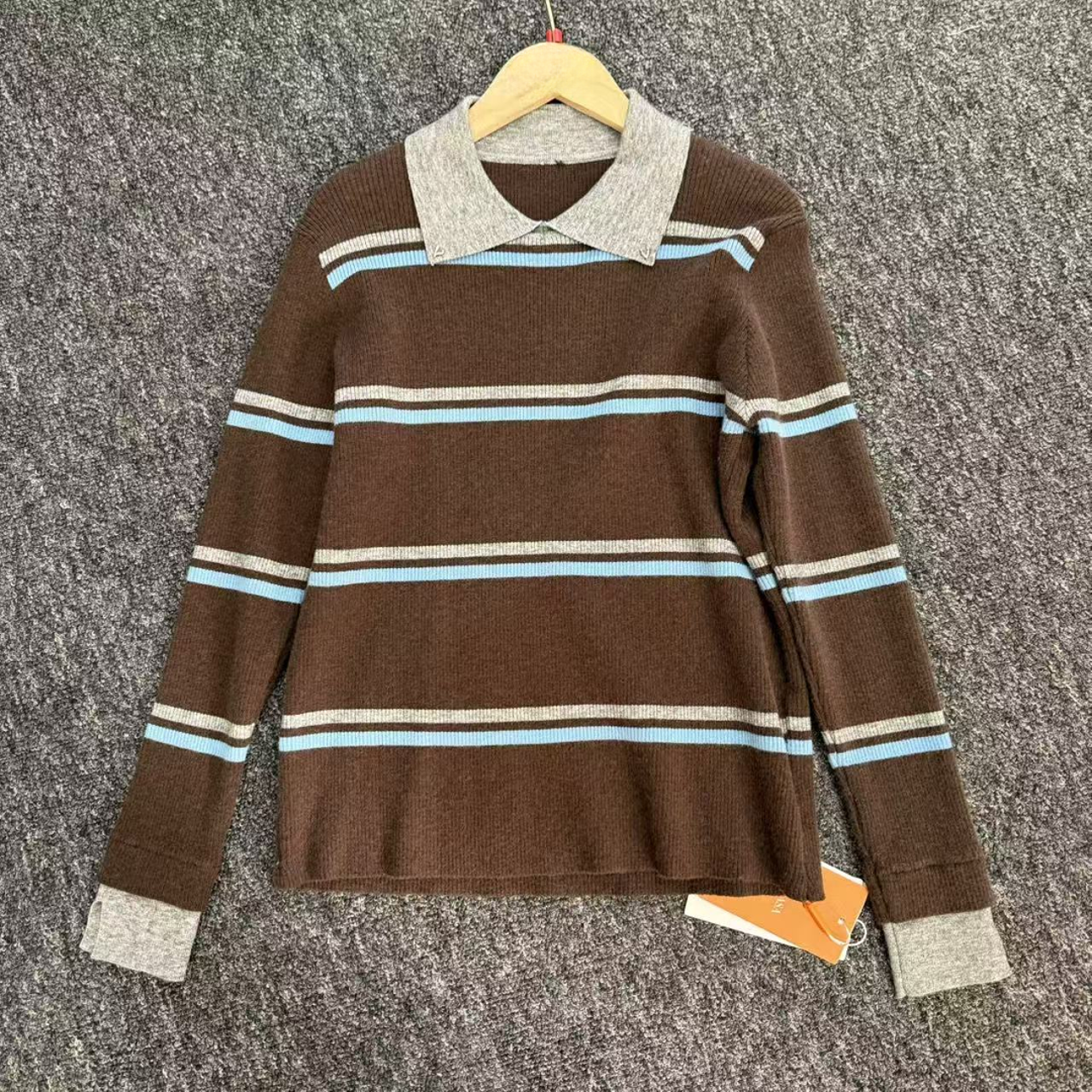 Y586【简一一专属】咖色横条纹撞色翻领时尚针织衫