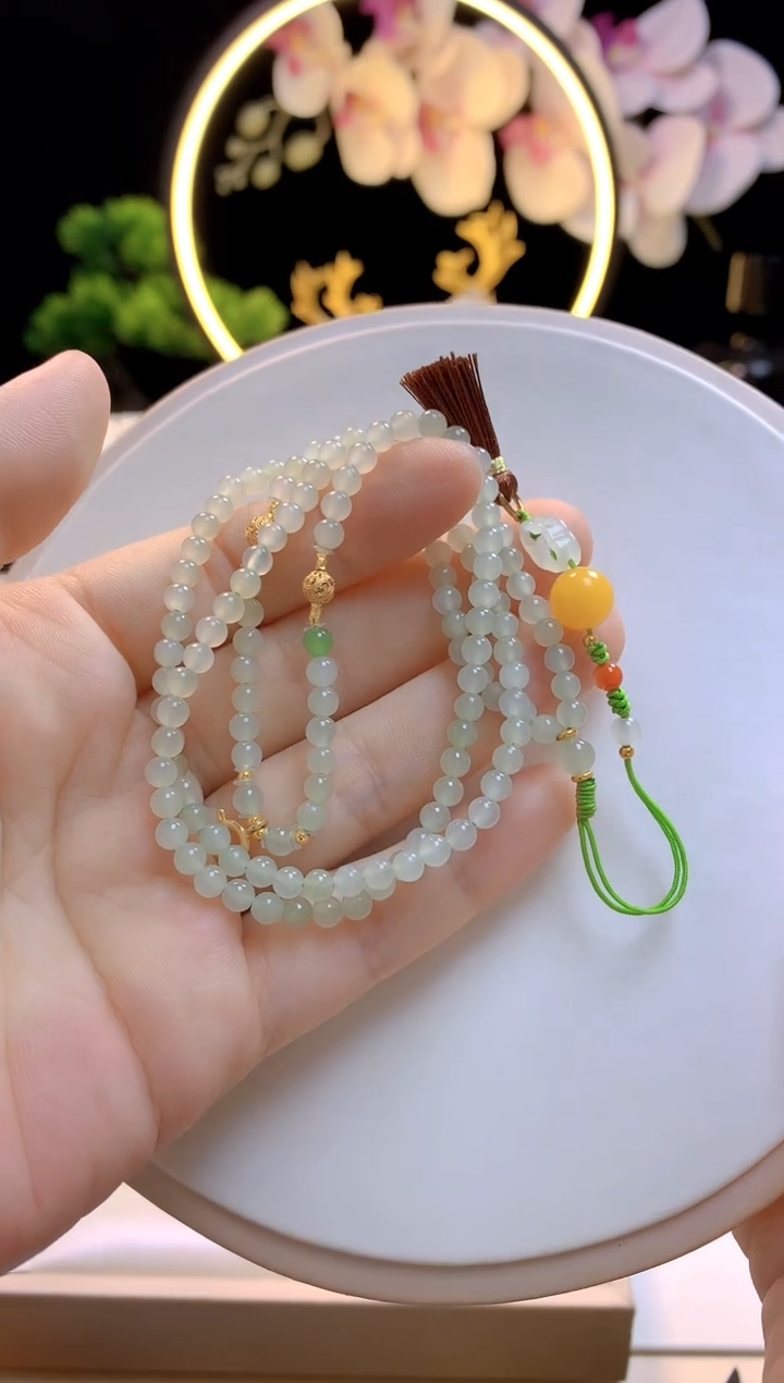 项链银S925镶嵌和田玉晴水小米珠项链