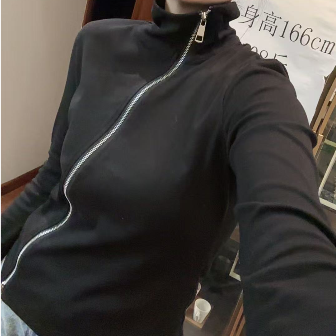 新款斜拉链显瘦立领打底衫135